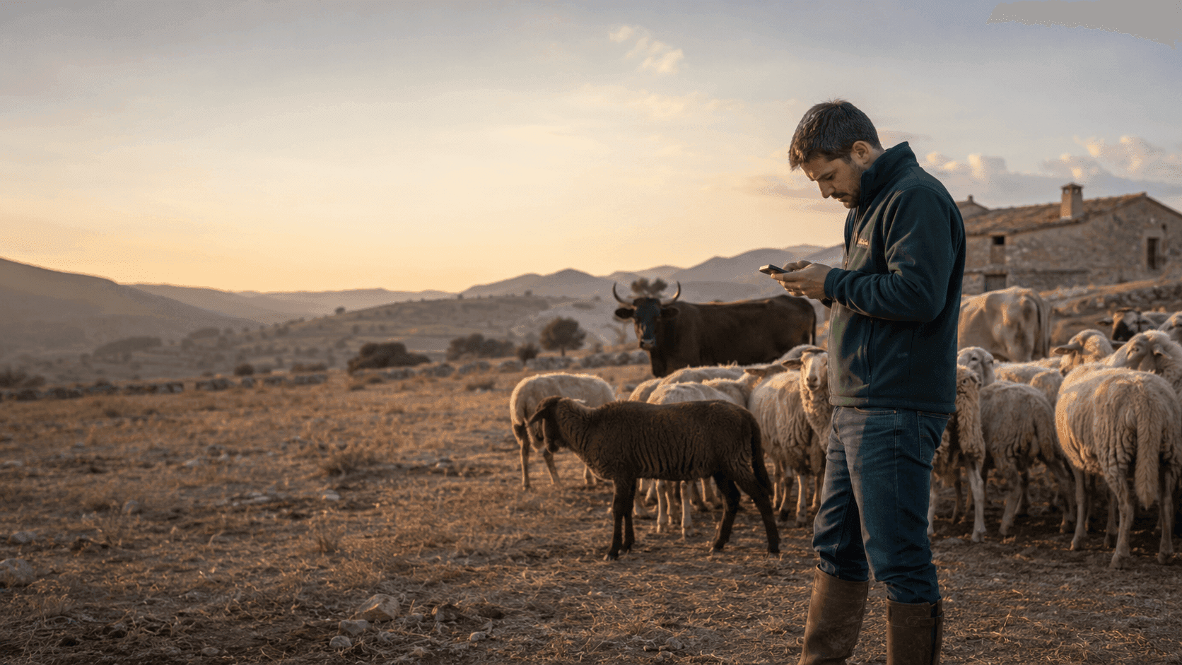 Veterinario de campo registrando un parte en el móvil entre ovejas y una vaca, al amanecer en el interior de la Comunidad Valenciana